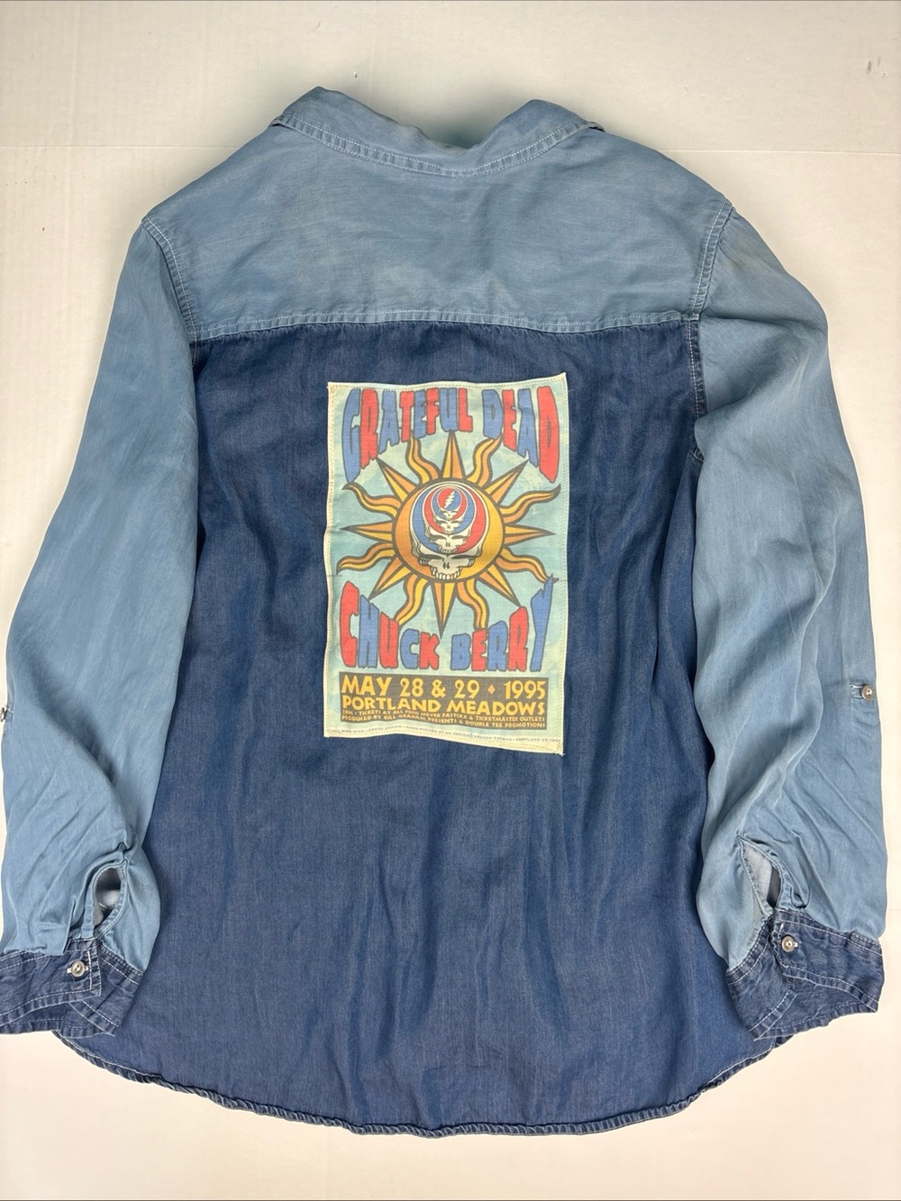 Upcycled Grateful Dead Women 18W 20W Shirt Two Tone Blue Denim Look Hippie Fest